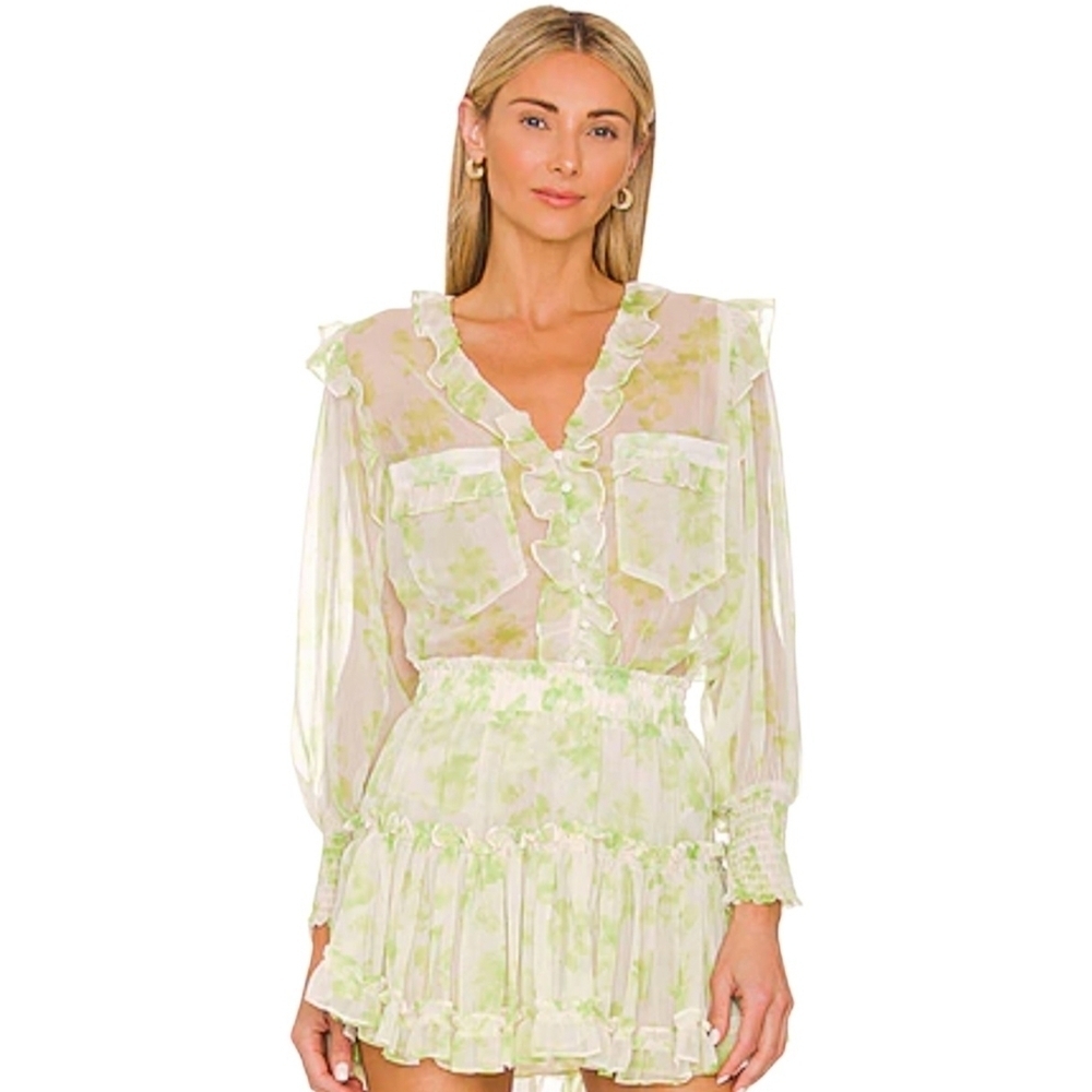 Misa Los Angeles Green Floral Ruffle Blouse Size Medium